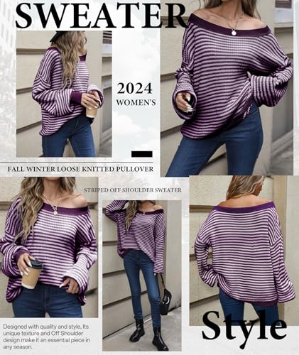 Image of MARZXIN Women's 2026 Fall Long Sleeve Sweaters Casual Loose Striped Off Shoulder Casual Oversized Knitted Sweater Pullovers
