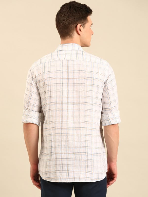 Image of Linen Club Men's Pure Linen Checked Contemporary Fit Full Sleeve Casual Shirt