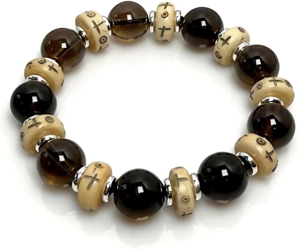 Tibetan Bracelet for Men, Handmade Smoky Quartz & Yak Bone Bracelet, Tribal Spiritual Beaded Bracelet with Copper Spacer Beads, Meditation Grounding Energy Jewelry