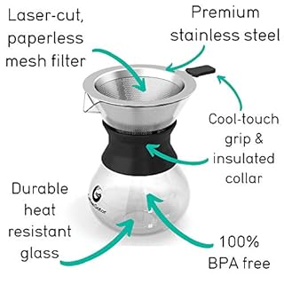 Coffee Gator Caffettiera Pour Over - 300 ml, Caraffa in vetro borosilicato ad alta temperatura con filtro in acciaio inossidabile riutilizzabile, Set per caffè americano, Trasparente