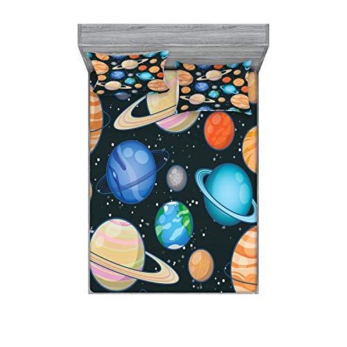 Ambesonne Galaxy Fitted Sheet & Pillow Sham Set, Galaxy Space Art Solar System Planets Mars Mercury Uranus Jupiter Venus Kids Print, Decorative Printed 3 Piece Bedding Decor Set, Calking, Salmon