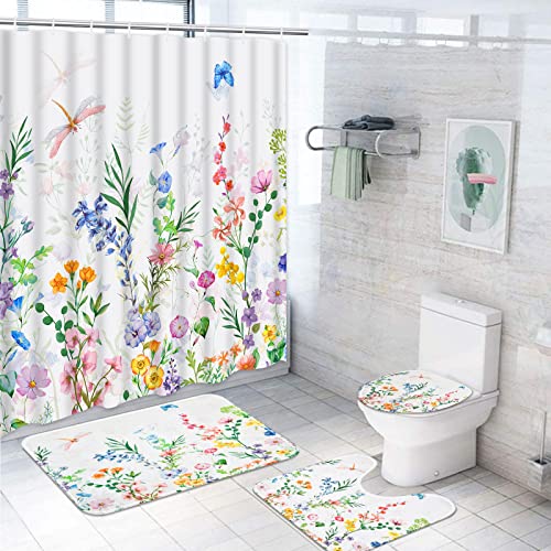 Ikfashoni 4-teiliges Aquarell-Blumen-Duschvorhang-Set mit Teppichen, WC-Deckelbezug, Badematte, Pflanzenbotanischer Duschvorhang mit 12 Haken, Stoff Schmetterling Libelle Duschvorhänge für Badezimmer Cover