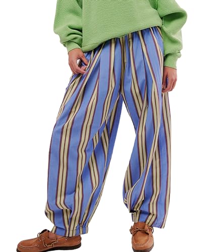 Womens Striped Harem Pants Casual Hippie Elastic Waisted Wide Leg Palazzo Pants with Pockets