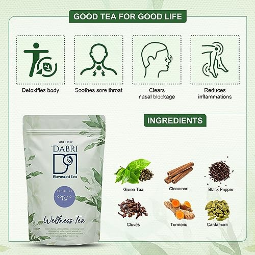 Image of Dabri Cold Aid Herbal Wellness Tea 100gm Pouch|Rich in Antioxidants|Powerful Herbal Blend for Cough,Cold & Sore Throat Relief|Eases Nasal Congestion,Reduces Inflammation|Breathe Easy & Naturally Heal