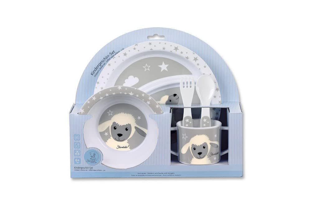 Sterntaler Geschirr-Set Schaf Stanley, Teller, Schale, Löffel, Gabel, Tasse, Alter: Für Babys ab 6 Monaten, Grau/Weiß