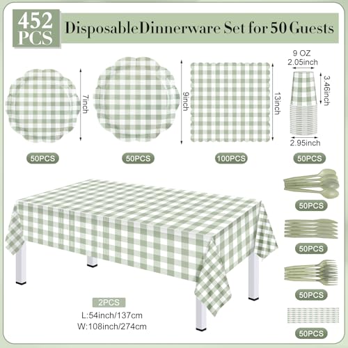 Image of Funnymoom 452 Pcs Sage Green Gingham Party Supplies for 50 Guests, Green Gingham Paper Plates Napkins Cup Tablecloth Disposable Tableware for BBQ Picnic Birthday Baby Shower Wedding Party Decoration