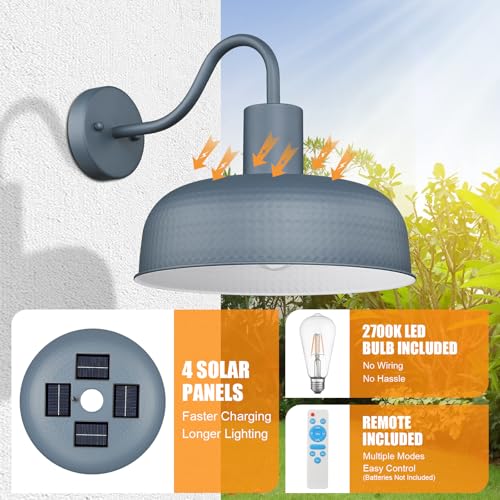 Image of Darkaway Solar Barn Light, Industrial Outdoor Wall Light Dusk to Dawn Wall Sconce Gooseneck Exterior Wall Mount Lighting Fixture with Hammered Dome Metal Shade for House Garage Porch Entry Shed