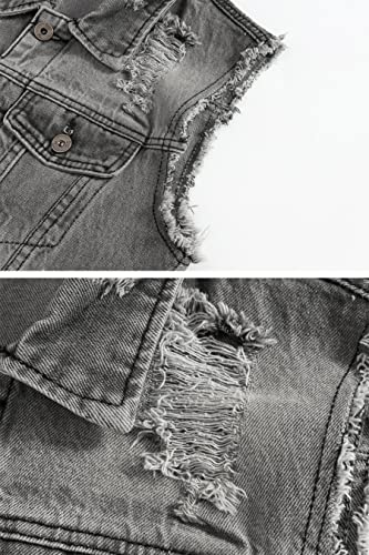 Image of ebossy Men's Ripped Distressed Denim Vest Sleeveless Button Up Jean Vest Jacket (Medium, Grey)