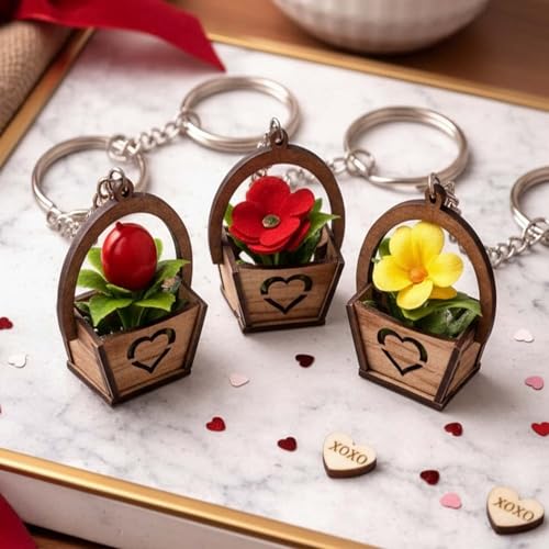 ALVERO Wooden Flower Basket Keychain, Decorative Key Chain Mini Floral Key Ring with Heart Design, Cute Bag Charm & Valentine Birthday Gift for Women, Girls & Kids (Pack of 1Pc Assorted)
