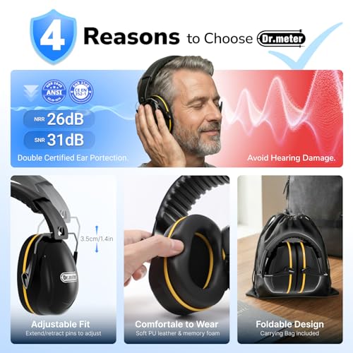 Dr.meter Casque Antibruit Pour Adulte, Casque Antibruit Réglable Snr 31dB Avec Sac De Transport Bandeau Souple Pour Environnements Bruyants Ou Stressants Noir Jaune – vue 5