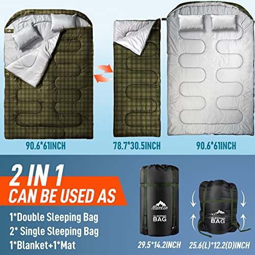 Image of MEREZA Double Sleeping Bag for Adults Mens with Pillow, XL Queen Size Two Person Sleeping Bag for All Season Camping Hiking Backpacking 2 Person Sleeping Bags for Cold Weather & Warm