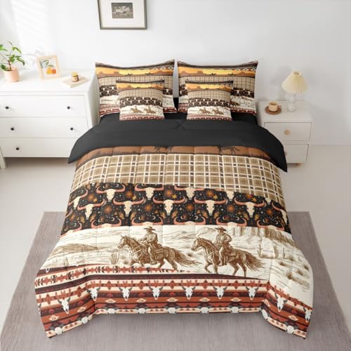 Image of Horse Decor Western 7 Piece Comforter Set Full Bed in a Bag Cow Skull Bedding Sets Cowboys Geometric Aztec Comforter and Sheet Set,Bull Longhorn Skull Bed Sets,Rustic Buffalo Plaid Farmhouse Decor