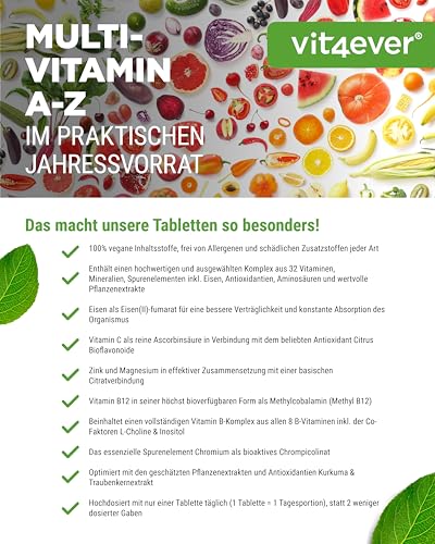 Multivitamin A-Z - 365 Tabletten (12 Monate) - 32 aktive Inhaltsstoffe - Kombination aus Mineralien + Aminosäuren + Spurenelementen + Pflanzenextrakten - Vegan - Hochdosiert – Bild 4