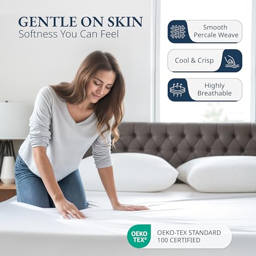 Image of 100% Organic Cotton White King Fitted Sheet, 3-Piece Set (1 Fitted Sheet, 2 Pillowcases), Percale Weave,Cotton Fitted Sheet, Ultra Soft, Breathable, GOTS Certified, Fits Mattress Upto 15 inch Deep - White