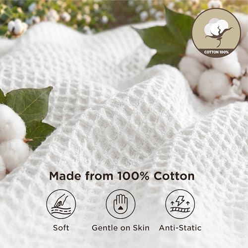 Image of Bedsure 100% Cotton Blanket Queen Size for Bed - Cooling Breathable and Soft for Summer, Thick Cozy Waffle Weave Blanket Gifts for Women, White, 90x90 Inches (Pack of 3)