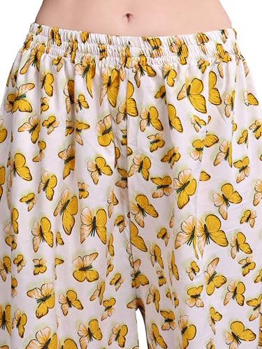 Image of THUMBA Women's Printed Poly Rayon Palazzo Pants | Wide Leg Culottes | Floral & Butterfly Print | Elastic Waist | Casual & Ethnic Wear | S M L XL 2XL 3XL
