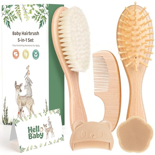 Image of 5 Piece Baby Hair Brush Set, Wooden Baby Brush and Comb Set with Natural Soft Goat Hair Bristles, Cradle Cap Brush, Baby Essentials Grooming Kit for Boy Girl