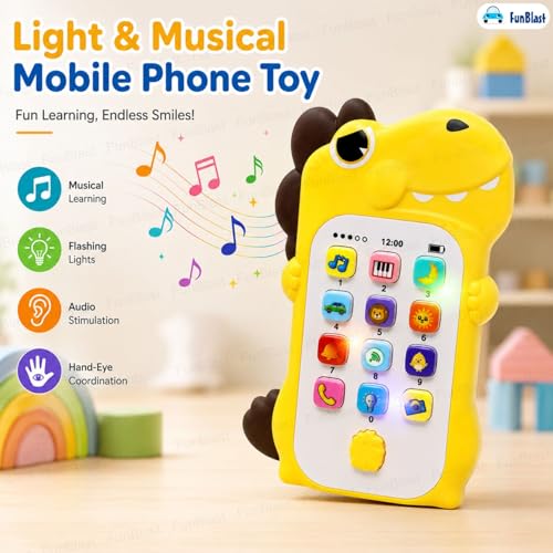 Image of FunBlast Cartoon Musical Mobile Phone for Kids, Mobile with Light & Sound Toys for Babies | Educational Toys for Kids 3+ Years /Boys /Girls-1 Unit (Dino-Yellow)