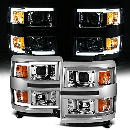 AmeriLite for 2014-2015 Chevy Silverado 1500 Pickup Truck Square Projector Dual LED Bar Chrome Headlights Pair - Driver and Passenger Side