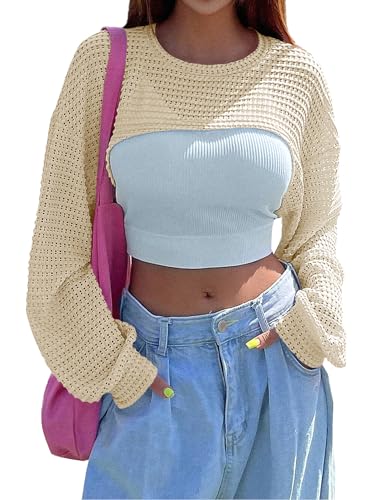 Women's Knitted Crop Top Long Sleeve Hollow Out Shrug Sweater Y2K Knit Cover Up Tops