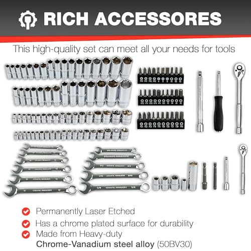 Image of EACELIY 122Pcs 1 /4 inch & 3 /8 inch Drive Impact Socket Set, Ratchet Socket Wrench Set with Extention Bar, Adapter, Screw Bits,Drive Bit Holder, Spark Plug Socket,CR-V