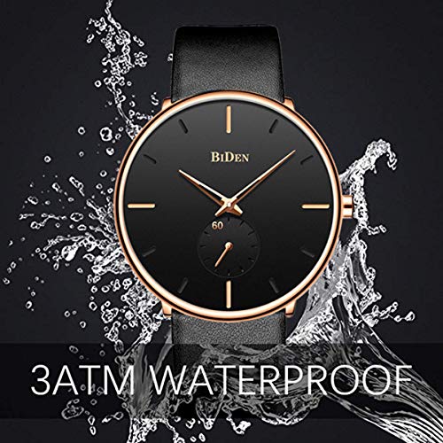 Mens Ultra-Thin Quartz Analog Wrist Watch 30M Waterproof Fashion Minimalist with Leather Band - Gold Black