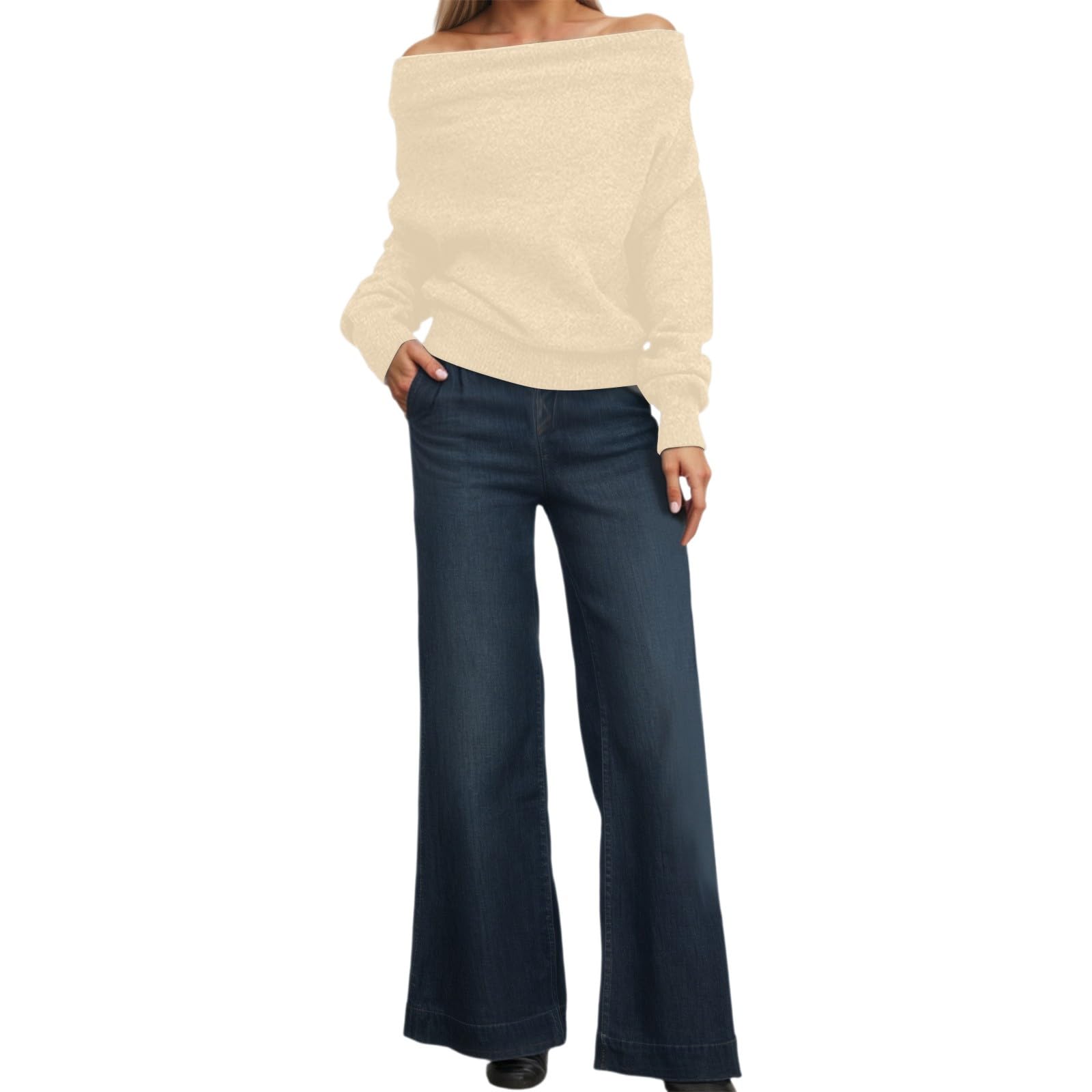Womens Off The Shoulder Sweater Long Sleeve Oversized Tops 2025 Fall Loose Knit Pullover Sweaters Winter Clothes