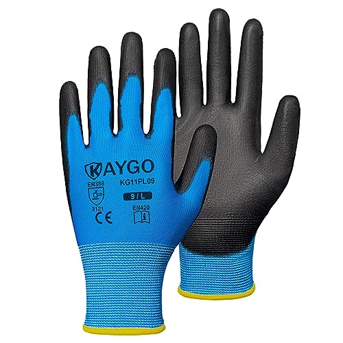 Image of KAYGO Work Gloves for Men and Women, 60 Pairs Seamless Knit PU Coated Safety Gloves, with Smooth Grip on Palm and Fingers, Ideal for Light Warehouse, Manufacturing, Gardening, KG11P (L, Blue)