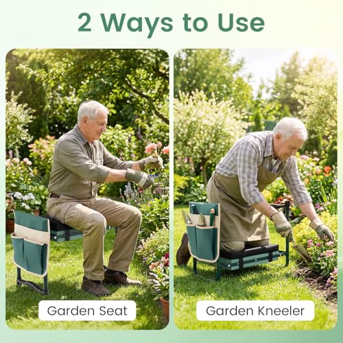 Image of 2-in-1 Garden Kneeler and Seat, Folding Garden Seat w /EVA Foam Kneeling Pad & Removable Tools Pouch, Sturdy Steel Frame, No Assembly, Portable Heavy Duty Garden Stool w /Detachable Armrests