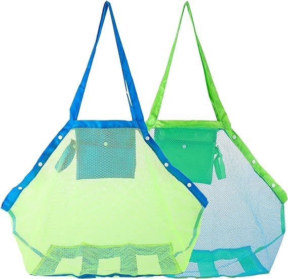Mesh Beach Bag Extra Large Beach Bags and Totes Tote Backpack Toys Towels Sand Away For Holding Beach Toys Children' Toys Market Grocery Picnic Tote, 2 Pack, Blue and Green