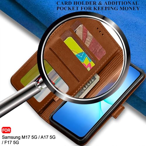 Image of TheGiftKart Flip Cover Back Case for Samsung Galaxy M17 5G / A17 5G / F17 5G | Genuine Leather Finish | Designer Button | Inbuilt Pockets & Stand | Flip Cover Back Cover Case (Faux Leather, Brown)