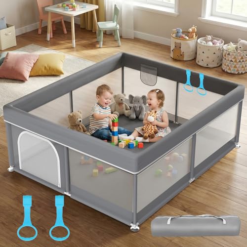 Image of Baby Playpen 79x71 Inch - Large Play Pens for Babies and Toddlers,Baby Fence Play Yards for Indoor & Outdoor with Breathable Mesh, Dark Grey Toddler Play Area