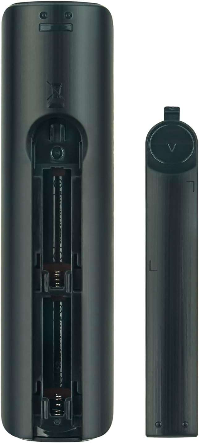Back view of the remote control with the battery cover open, showing empty battery slots
