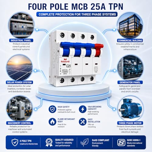 Image of MAHI 25A Four Pole MCB C Curve, Miniature Circuit Breaker with Overload & Short Circuit Protection, 25A Breaking Capacity, Durable Polycarbonate Body for Home & Industrial Use