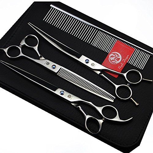 Image of Purple Dragon 8 inch 3 in 1 Professional Pet Grooming Thinning(Silver) | 2 PCS Curved Shear Includes Bag, Stainless Steel, Hair Thinning Scissor /Shear Set, Perfect for Hair Stylist or Home Use