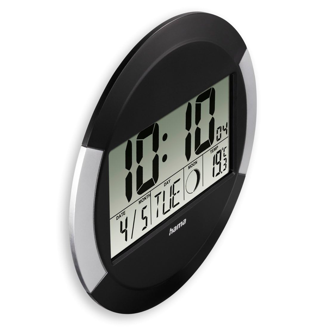 Hama | Reloj Digital Radio DCF Temperatura. (Fecha Lunar), Negro | Reloj pared y sobremesa. Hora automática DCF. Termómetro 0‑50°C. Fase lunar y fecha. Ajuste zona horaria. Silencioso.