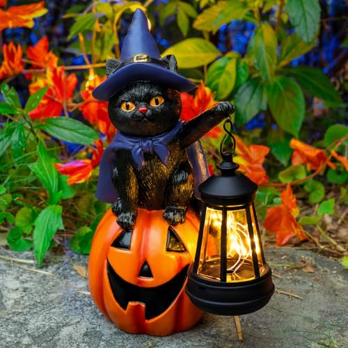 WONDHOME Halloween Black Cat Decor Solar Cat Garden Statues Sit On Pumpkin with LED Lantern Halloween Fall Outdoor Decorations for Porch Patio Yard Lawn Holiday Gardening Gifts for Women