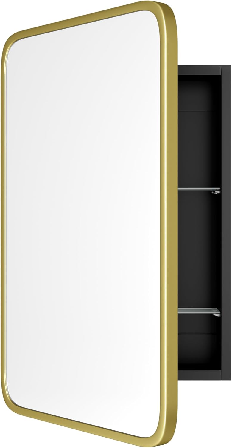 Vintage-Style Bathroom Wood Black Cabinet with 16.5''x24'' Brushed Gold Metal Frame Curved Mirror, Recessed Medicine Cabinet, Bathroom Storage Cabinet Mirror: 16.5''x24'' Brushed Gold Frame