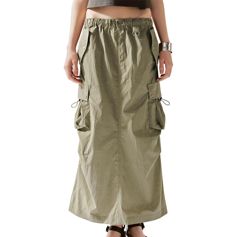 URBAN REVIVO Women‘s Cargo Skirt Casual Mid Waist Drawstring Pockets Cotton Blend Skirt for Fall Spring, XX-Small, Dusty Green