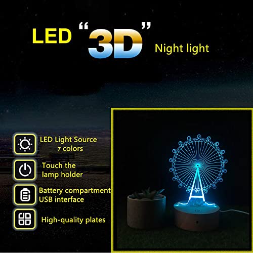 Image of 3D USB Acrylic Night Light LED Table Desk Bedroom Decor Gift Warm Table Lamp for Bedroom Living Room (Ferris Wheel)