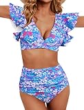 Soucrat Women Two Piece Swimsuits Ruffle Sleeve High Waisted Bathing Suit V Neck Bikinis Sets Push Up Swimwear Purple L