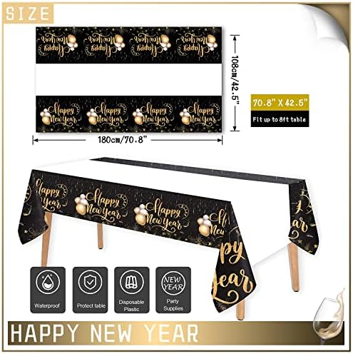 81pcs New Year Tableware Set Litter Black Gold New Year Eve Tableware New Year Paper Plates Napkins Cups for New Years Eve Decoration 2023 New Year Party Supplies