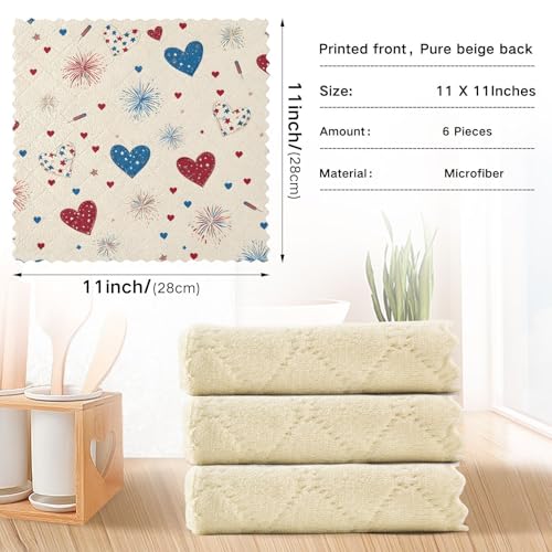 Image of Cotton Kitchen Dish Cloths, Blue Hearts with Fireworks Pattern Ultra Soft Absorbent Quick Drying Dish Towels, 11 x 11 Inches, 6-Pack, Reusable Cleaning Cloths