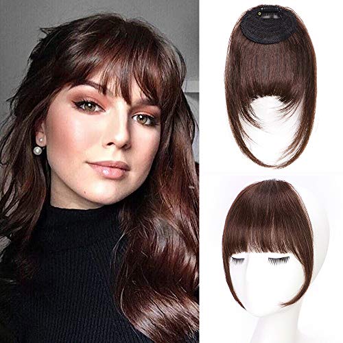 Clip in Bangs Real Human Hair Extensions Natural Black Bangs Hair Clip in Fringe Straight Flat Bangs with Temples for Women(Dark Reddish)