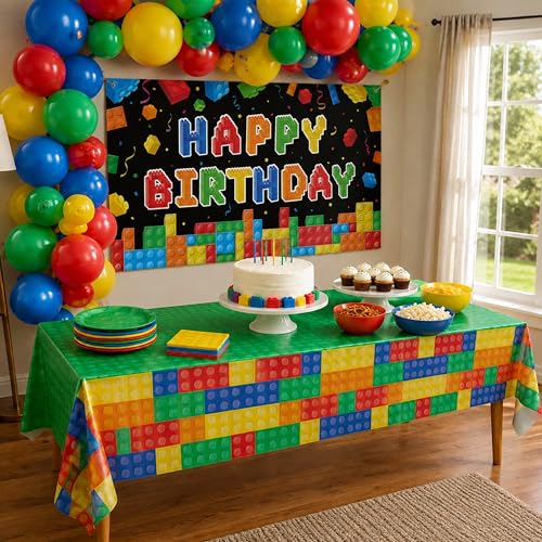 Image of Blue Orchards Brick Table Covers (Pack of 3) - 54 inchx108 inch XL - Building Blocks, Gamer, Building Blocks Birthday, Kids Birthday Party, Decorations for Boys