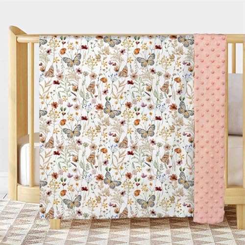 Image of Wildflower Butterfly Baby Blanket for Girls, Soft Double Layer Minky with Dotted Backing, Flower Garden Theme Toddler Nursery, Newborn Infant Toddler Crib Bedding, Receiving Blankets, 30 inchx40 inch