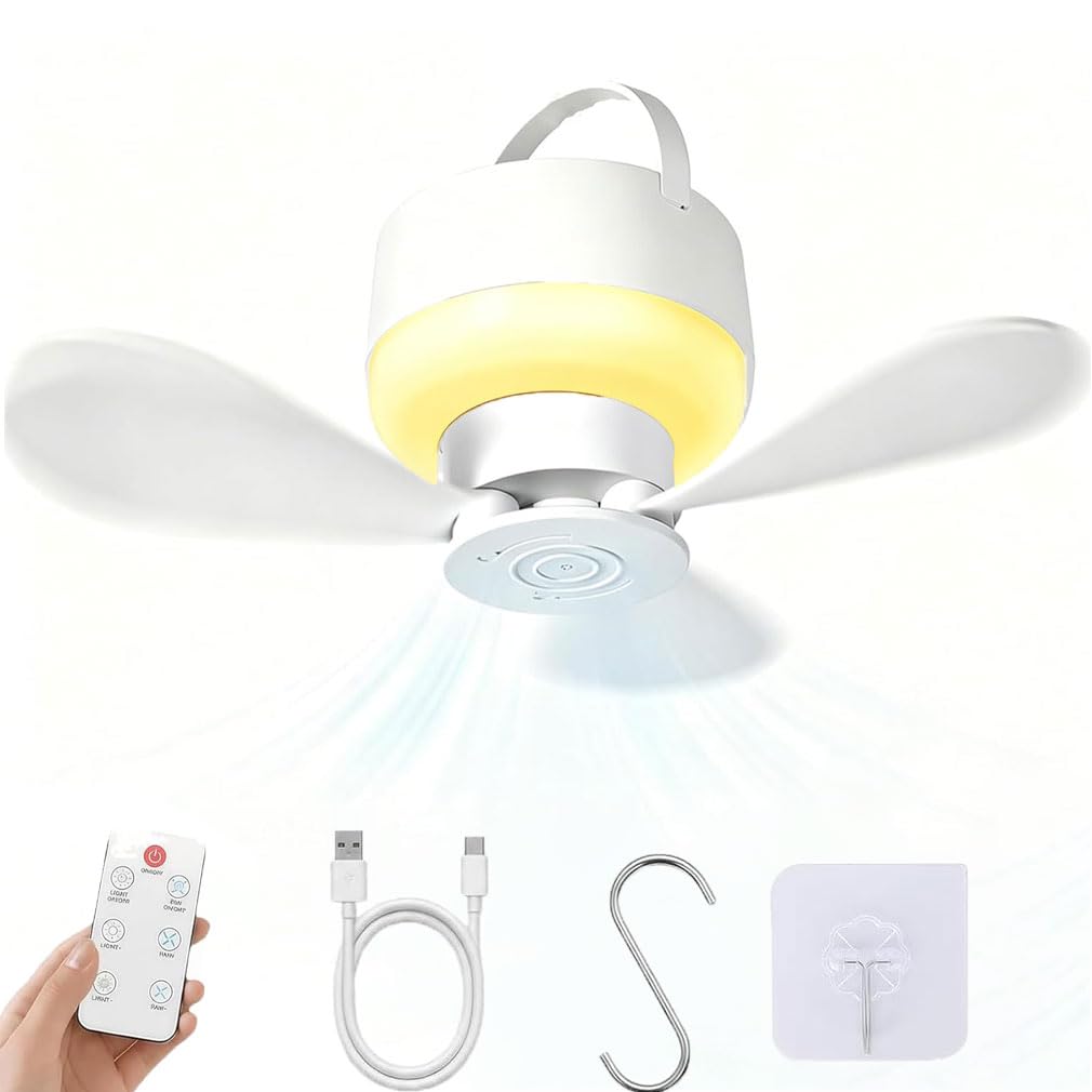 Portable Rechargeable Hanging Fan Light for Indoor & Outdoor Use, Ceiling Fans Lights with Remote Timer 3 Colors, 5 Speeds, 3m wires, 2-in-1 Camping Fan, Portable Detachable USB Tent Fan ﻿ (White)