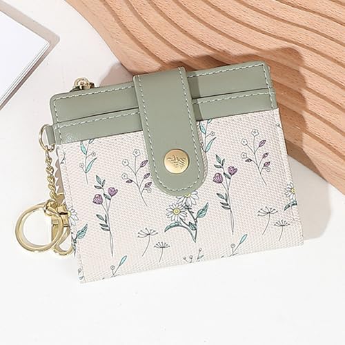 Image of Farcauo Small Floral Womens Wallet with keychain Cute Wallets for Women Thin Green Women's Wallet Kawaii Floral and Bow Card Purse for Ladies