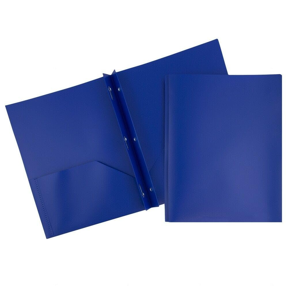 JAM PAPER Plastic 2 Pocket POP Folders - Durable School Folders with Metal Prongs Fastener Clasps - Dark Blue - Bulk 48/Pack