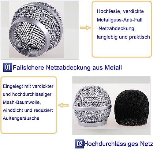 4 Stück Metall-Mikrofon-Netzköpfe, Mikrofon-Metallkopf mit Schwamm, kompatibel mit SM58-Mikrofon, Ersatz-Mikrofongitter, Kabelgebundenen und Drahtlosen Mikrofonen Ersatz-Mikrofon-Grillkopf